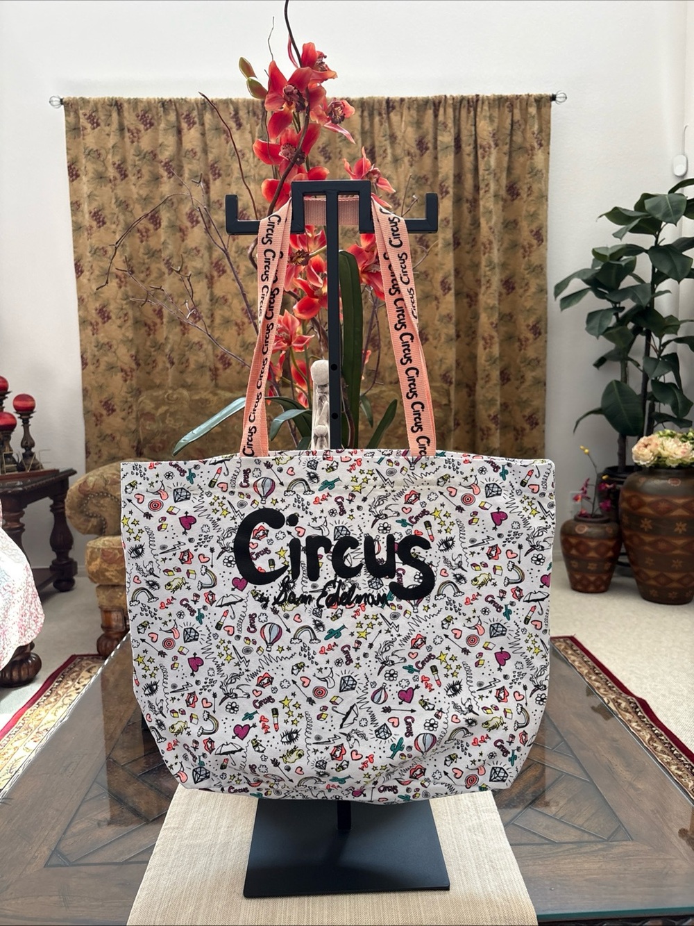 Circus by Sam Edelman White Tote with Peach Logo Straps and Multicolor Print